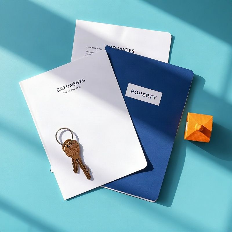 Property documents, folder, and keys on an azure desk